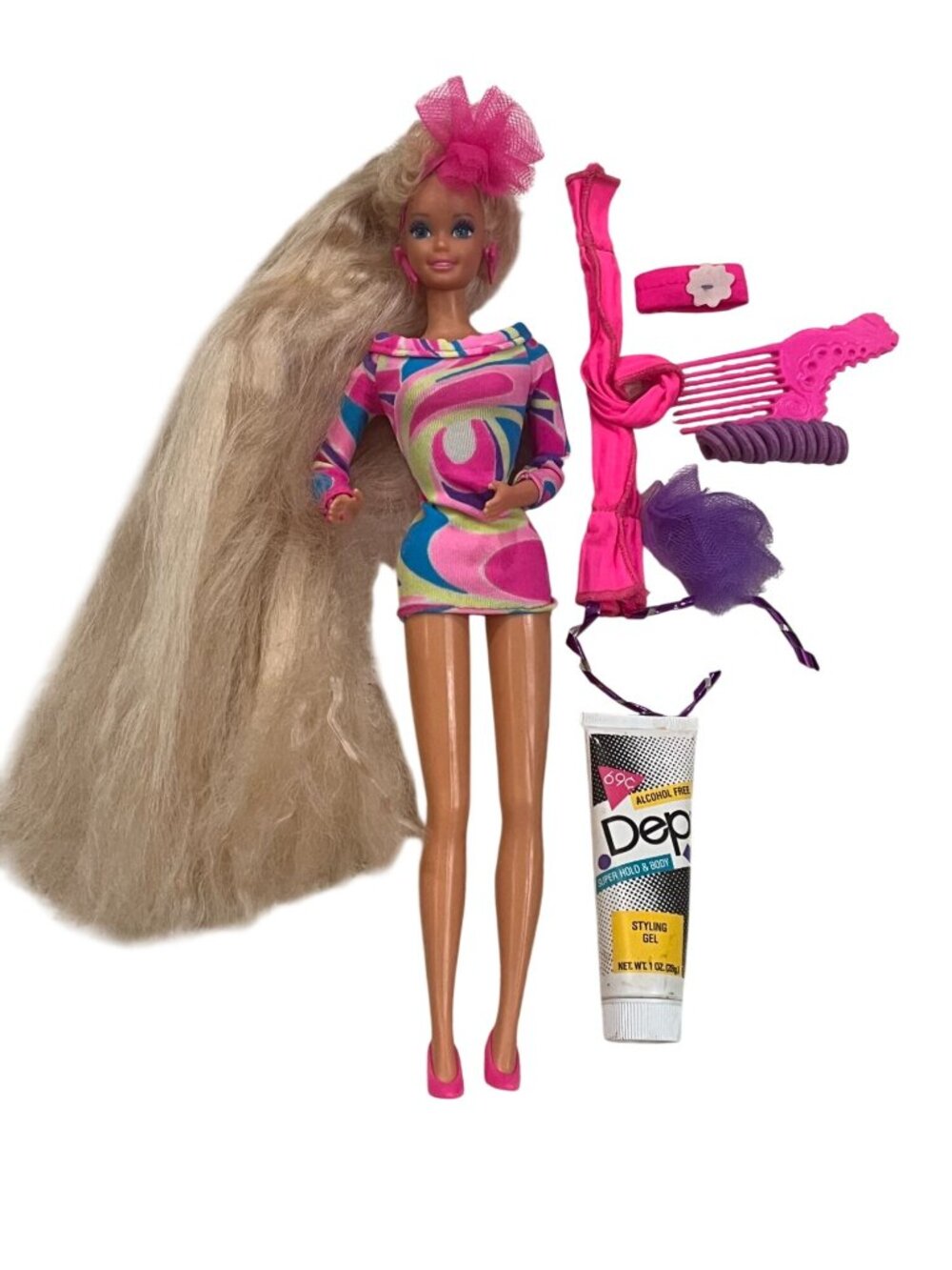 VTG 90s Barbie Totally Hair Doll Accessories Blonde Hair Multicolor Dress